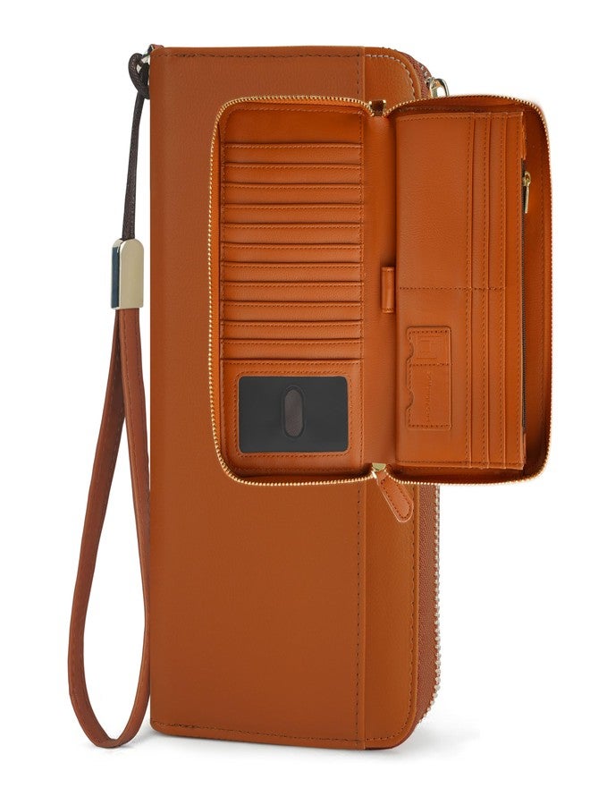 Sunpour Large Travel Wallet for Women,RFID Zipper Wallet with AirTag Slot,Passport Holder Clutch with Wristlet, Brown, Classics - Image 1