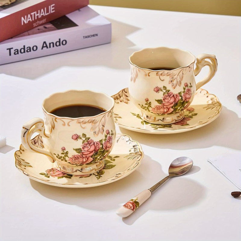 Ivory Porcelain Floral Tea Cups Saucers Set Of 2 With Golden Trim Spoon Rose Dishwasher Safe - Image 4
