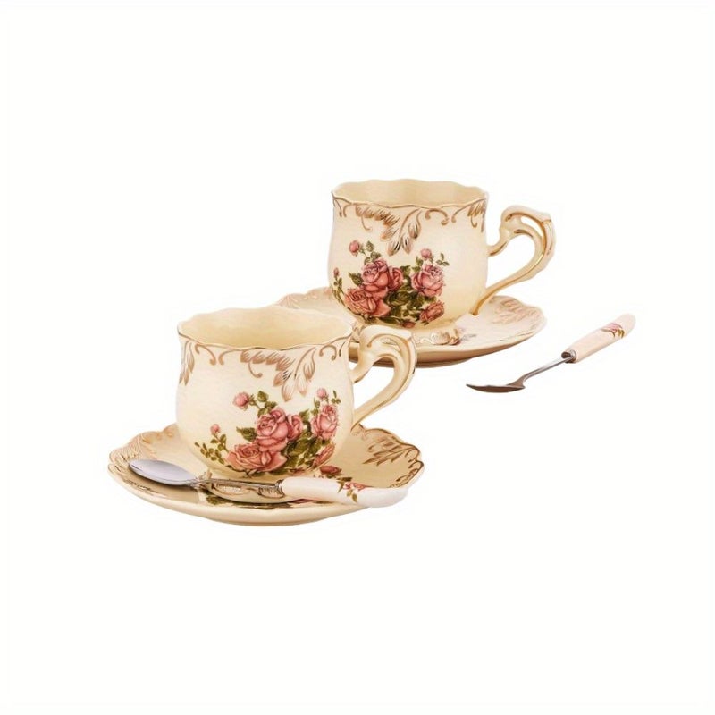 Ivory Porcelain Floral Tea Cups Saucers Set Of 2 With Golden Trim Spoon Rose Dishwasher Safe - Image 3