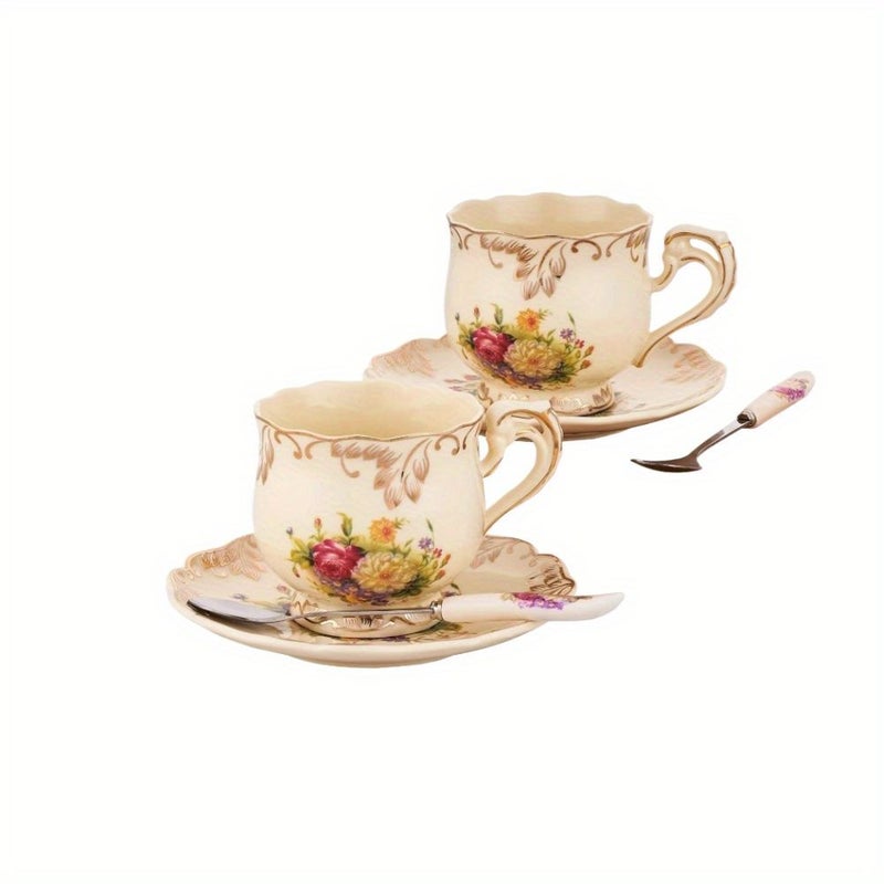Ivory Porcelain Floral Tea Cups Saucers Set Of 2 With Golden Trim Spoon Rose Dishwasher Safe - Image 1
