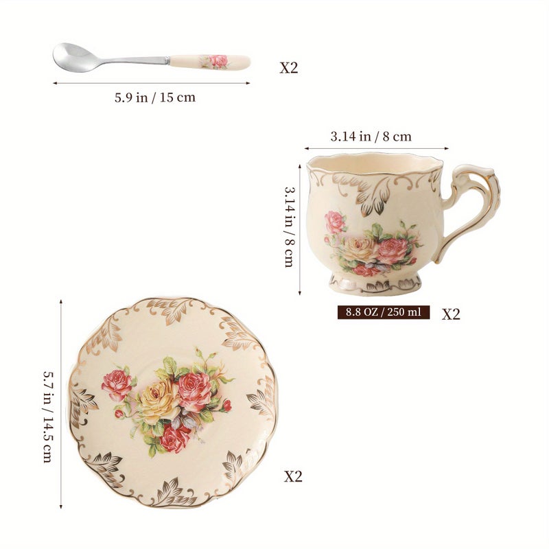 Ivory Porcelain Floral Tea Cups Saucers Set Of 2 With Golden Trim Spoon Rose Dishwasher Safe - Image 2