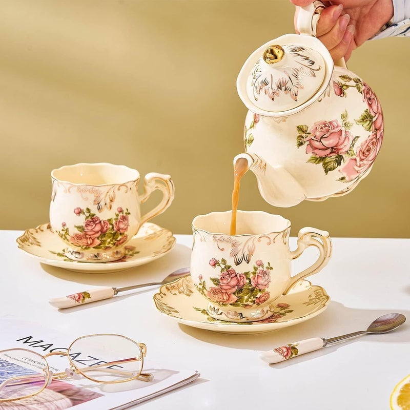 Ivory Porcelain Floral Tea Cups Saucers Set Of 2 With Golden Trim Spoon Rose Dishwasher Safe - Image 5
