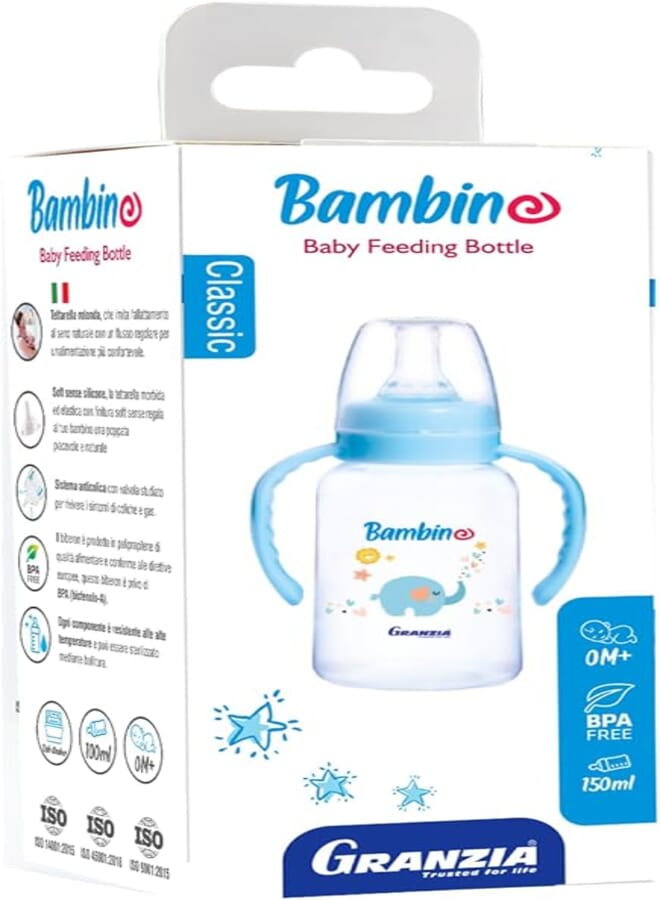 Granzia Bambino Classic Baby Feeding Bottle Blue Color 150 ML With Hand