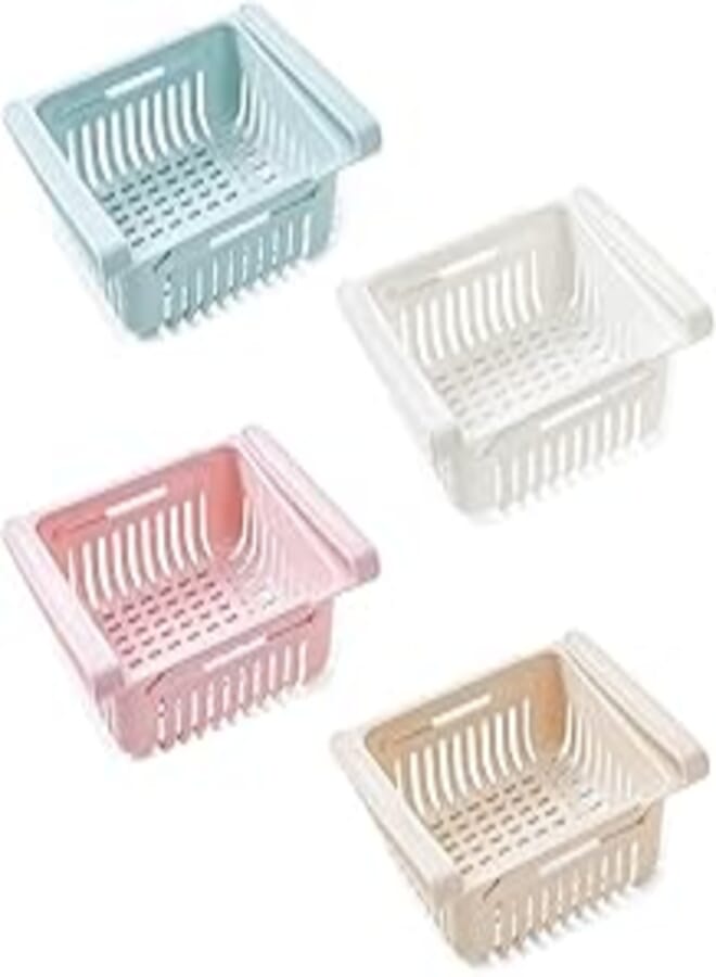 4 Pack Fridge Drawer Organizer Refrigerator Drawers For Shelves - Adjustable Kitchen Organizer With Pull Out Storage Rack Box - Sliding Partition Fridge Hanging Organizer 