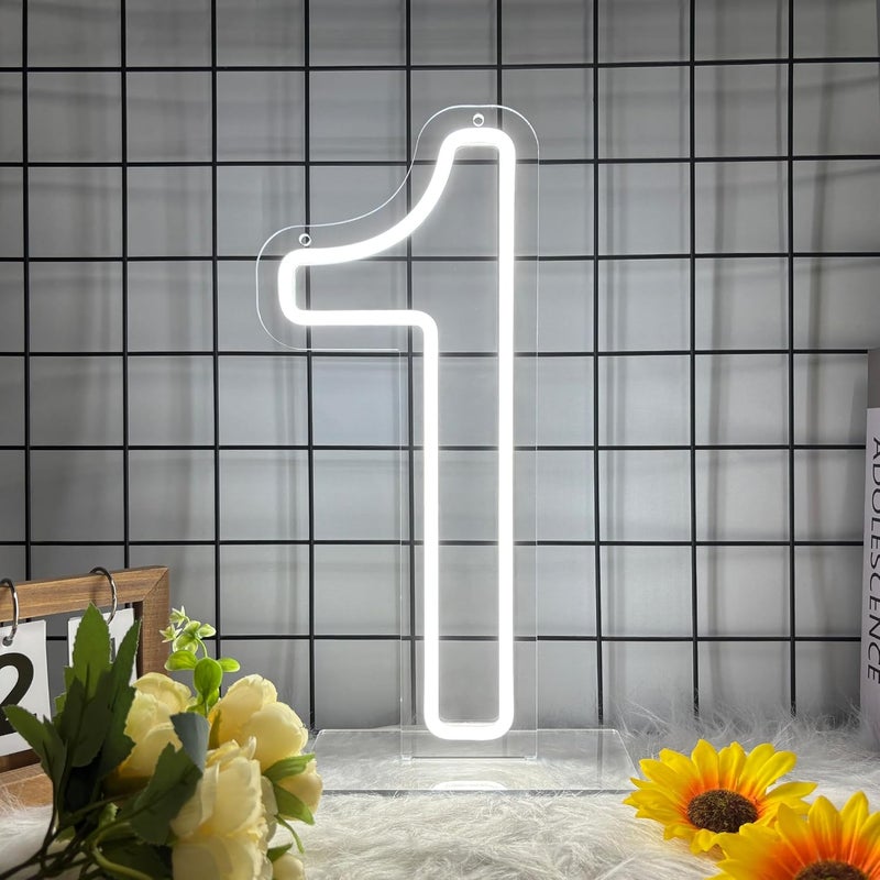 سلاسة لافتة نيون رقم 1 LED مقاس 17×40 سم مع قاعدة أكريليك، ديكور حائط لعيد الميلاد الأول، غرف الأطفال، الغرف، الحفلات، الاحتفالات وزوايا التصوير - Image 1