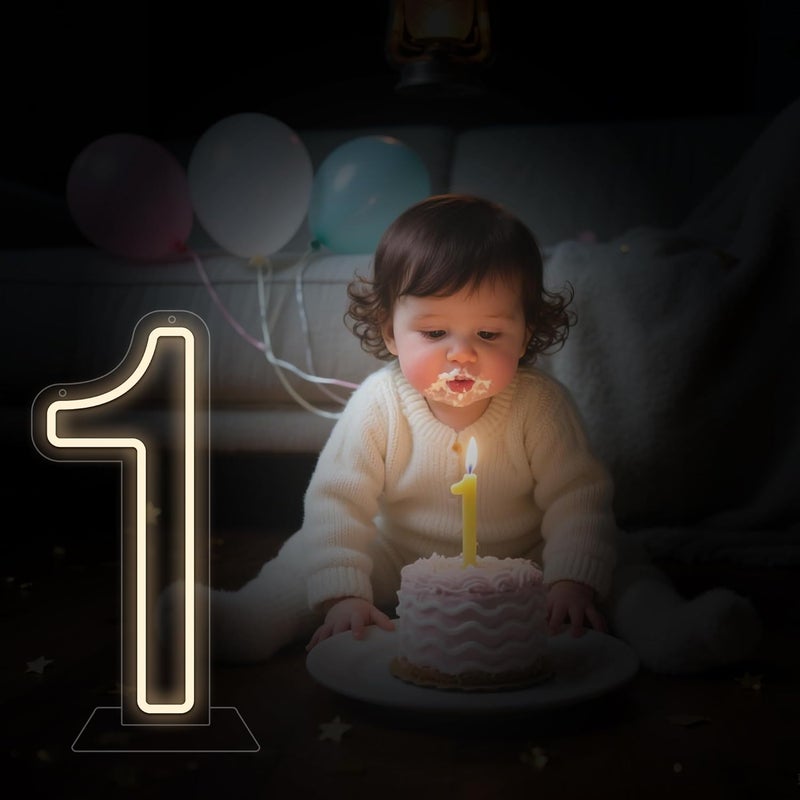 سلاسة لافتة نيون رقم 1 LED مقاس 17×40 سم مع قاعدة أكريليك، ديكور حائط لعيد الميلاد الأول، غرف الأطفال، الغرف، الحفلات، الاحتفالات وزوايا التصوير - Image 4