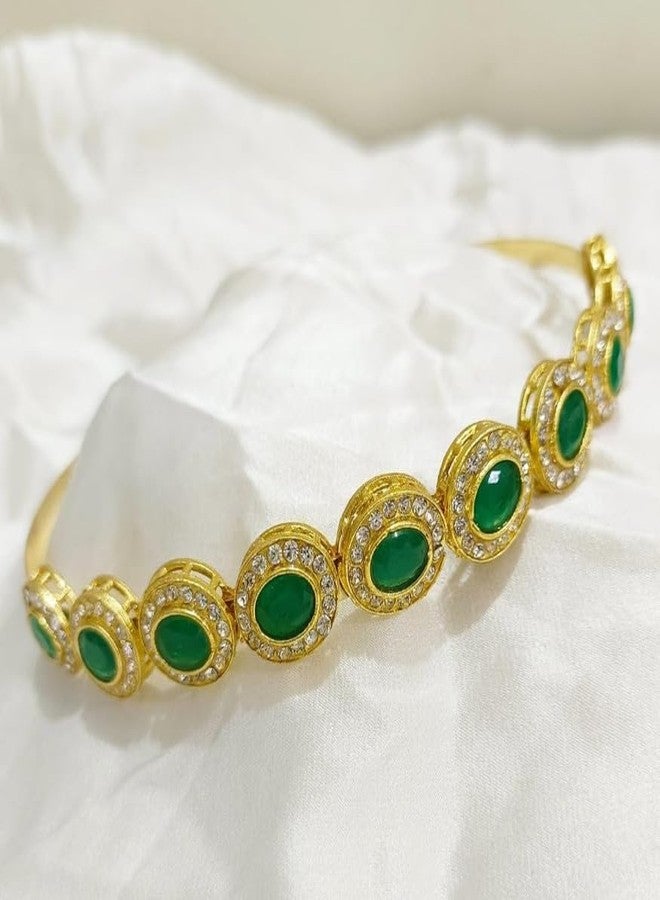 طوق شعر مطلي بالذهب بتصميم عرقي مرصع بأحجار الكوندان وتطريزات AD، مناسب للنساء والفتيات - 166 - Image 2