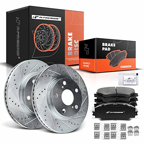 A-Premium Front Drilled and Slotted Disc Brake Rotors + Ceramic Pads Kit Compatible with Toyota, Lexus and Scion Models - RAV4 2006-2018, Prius V, HS250h, xB, 6-PC Set - Image 1