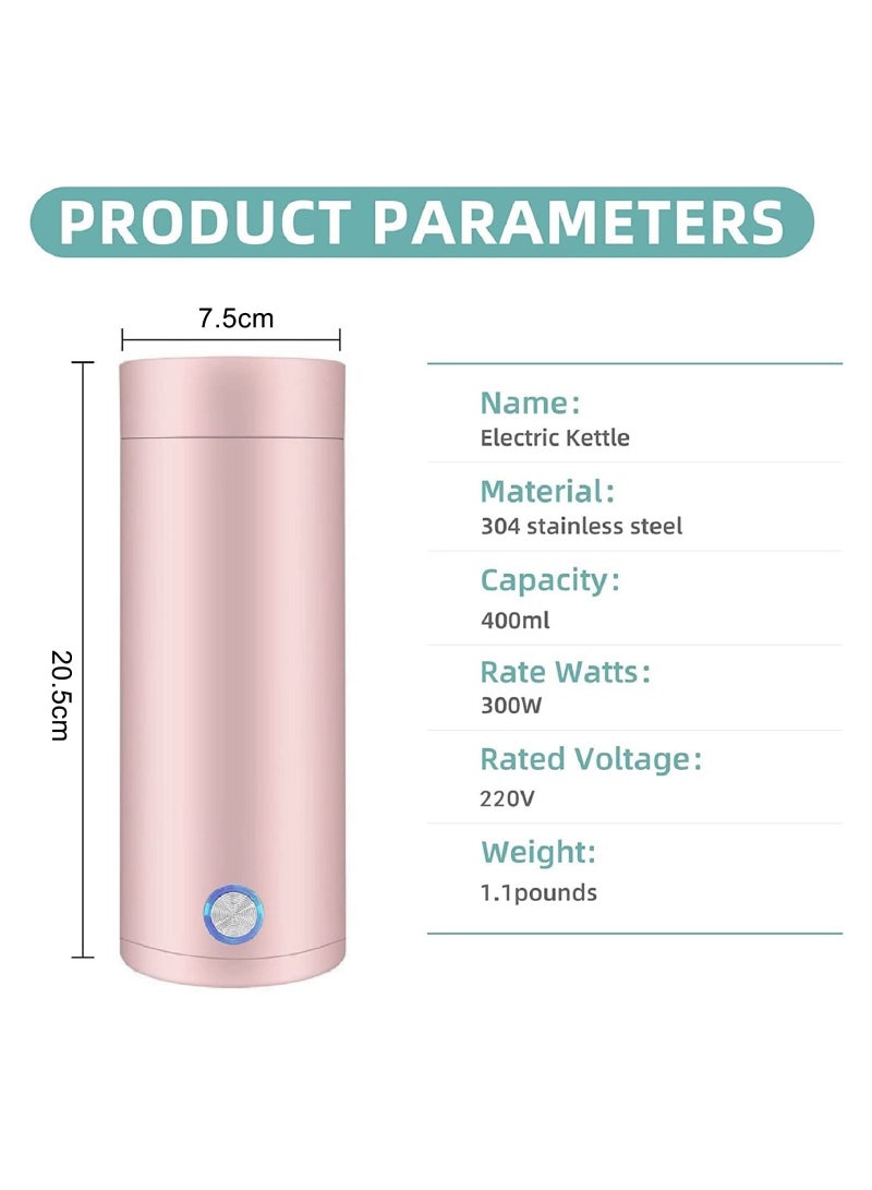 Portable Electric Kettle, 400ml Travel Tea Kettle with Non stick Coating Double Wall Water Boiler Bottle, Fast Boil and Auto Shut off Hot Water Heater, Pink - Image 2