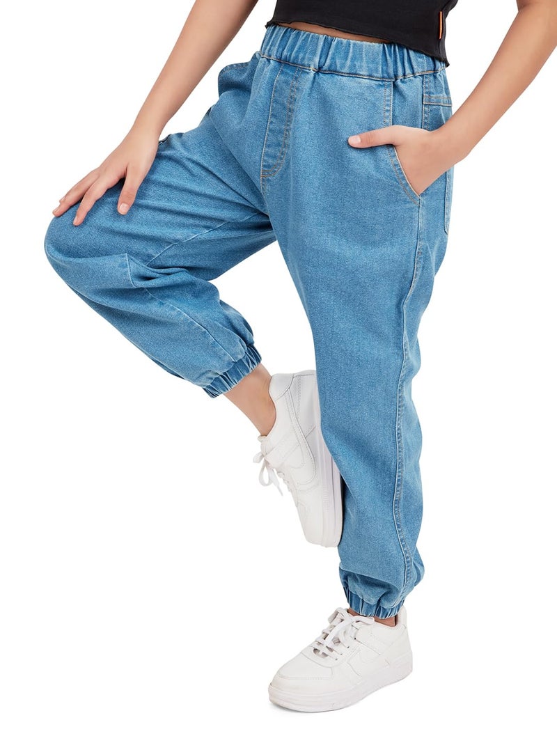 olele® Girls Jackson Mid Rise Joggers Cotton Denim Jeans Regular Fit Stretchable (Elasticated Waist) - Indigo Blue, Tailored For 4 to 14 Years Kids - 10-12 Yrs - Image 4