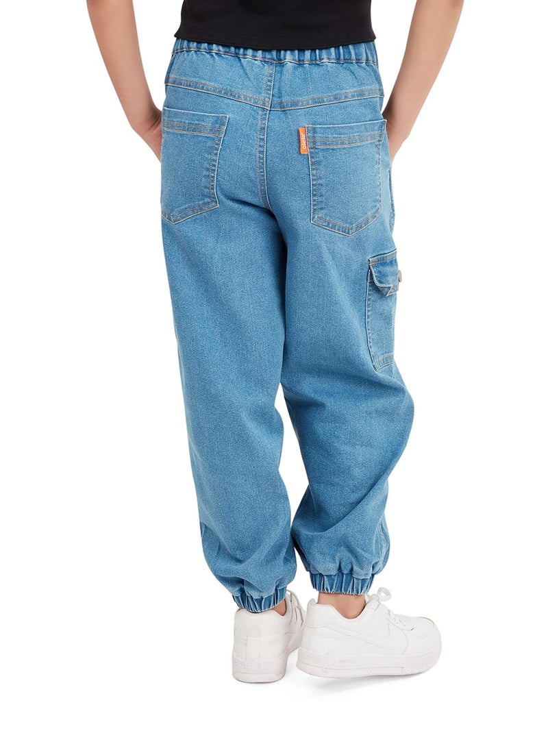 olele® Girls Jackson Mid Rise Joggers Cotton Denim Jeans Regular Fit Stretchable (Elasticated Waist) - Indigo Blue, Tailored For 4 to 14 Years Kids - 10-12 Yrs - Image 2