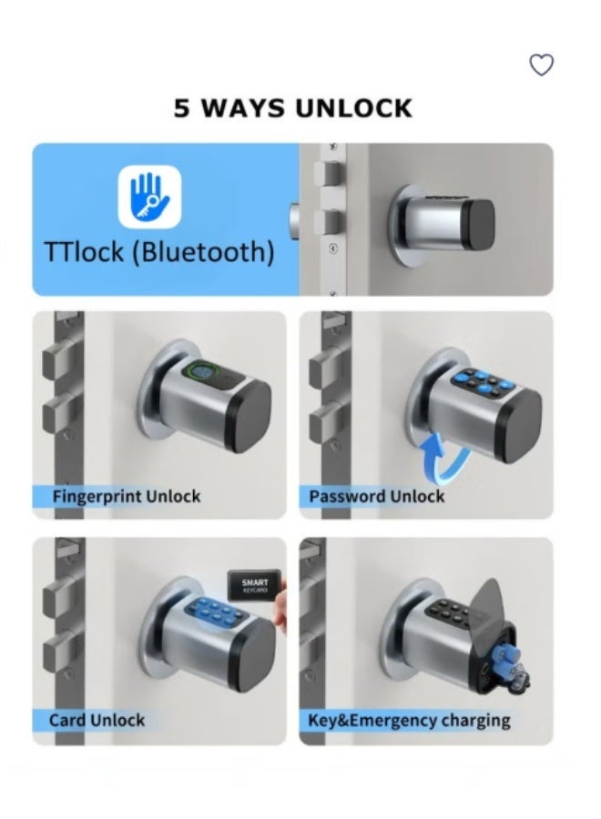 Atmtah Smart Lock Cylinder Bluetooth, Fingerprint Door Lock, No Door Modification Needed, 5-in-1 Open with Fingerprint, Passcode, Card, TTLock App & Key, Control Remotely (V1 Silver) - Image 2
