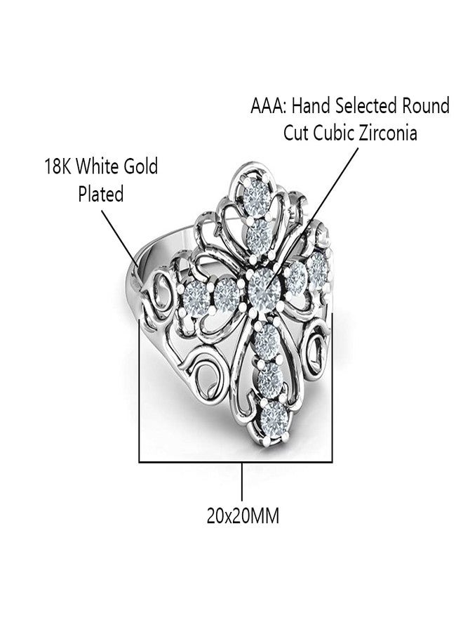 Savlano 18K White Gold Plated Round Cut Cubic Zirconia Filigree Cross Ring Women Religious Ring (9) - Image 2