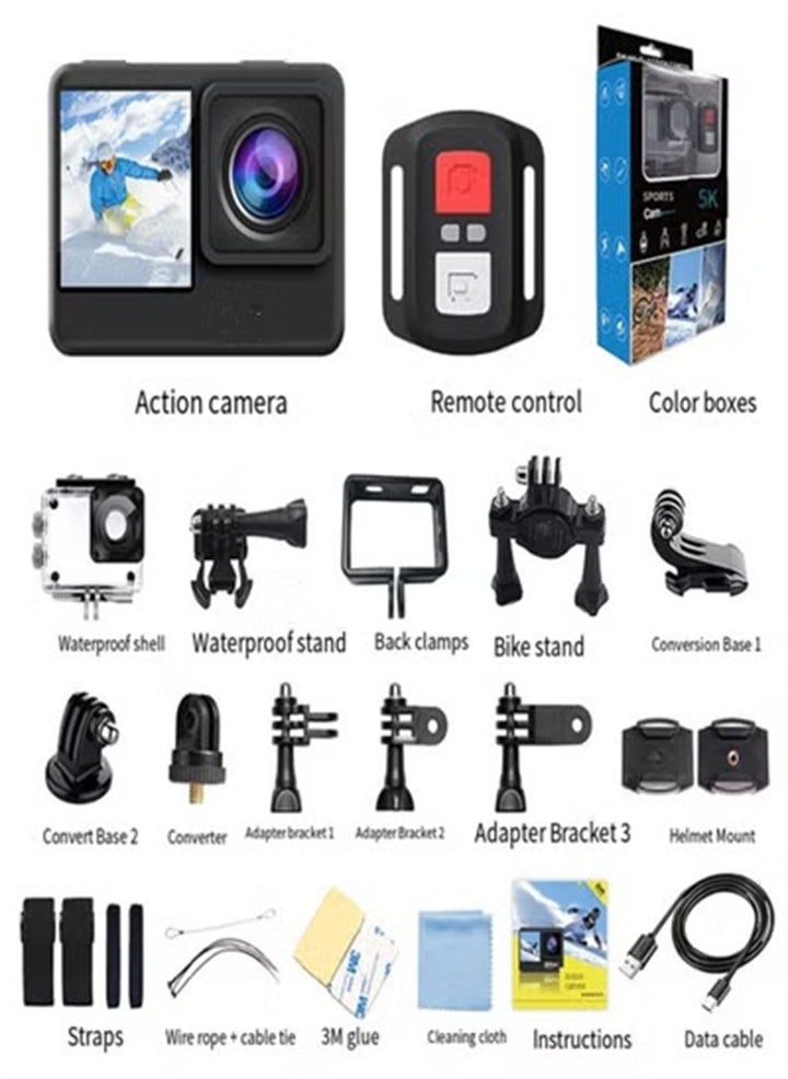 5K WiFi Action Camera 170° Wide Angle, Anti-Shake Action Camera Waterproof Remote Control Action Camera with Remote Control and Accessories