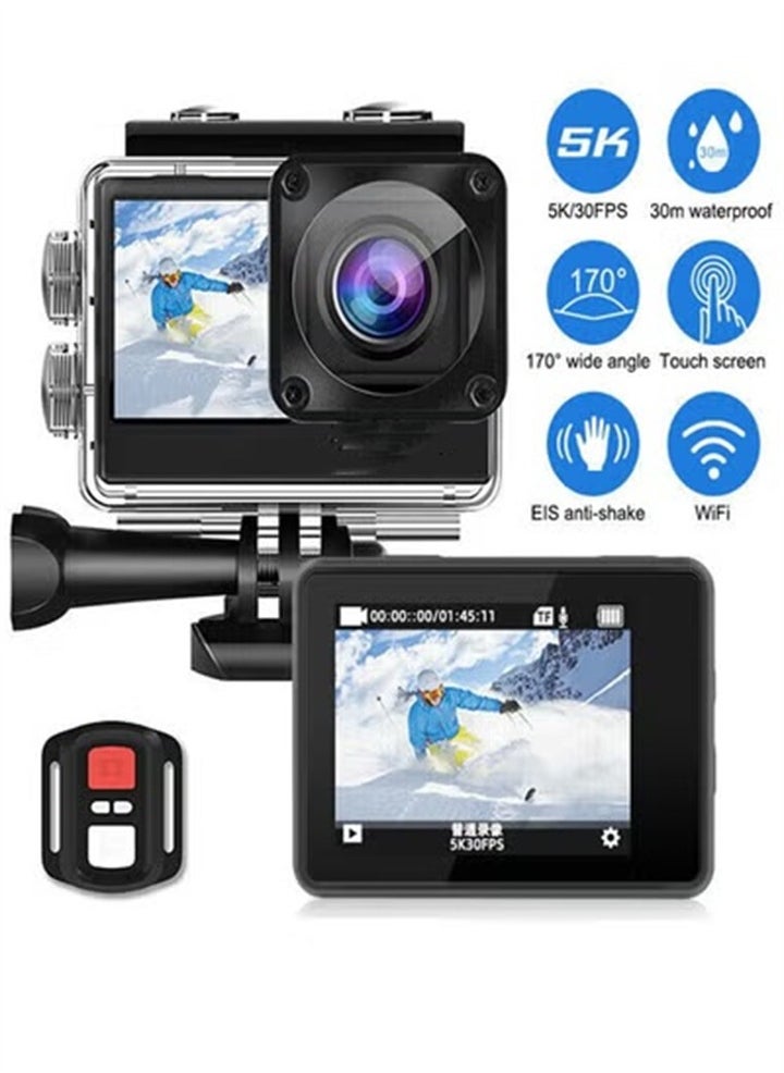 5K WiFi Action Camera 170° Wide Angle, Anti-Shake Action Camera Waterproof Remote Control Action Camera with Remote Control and Accessories