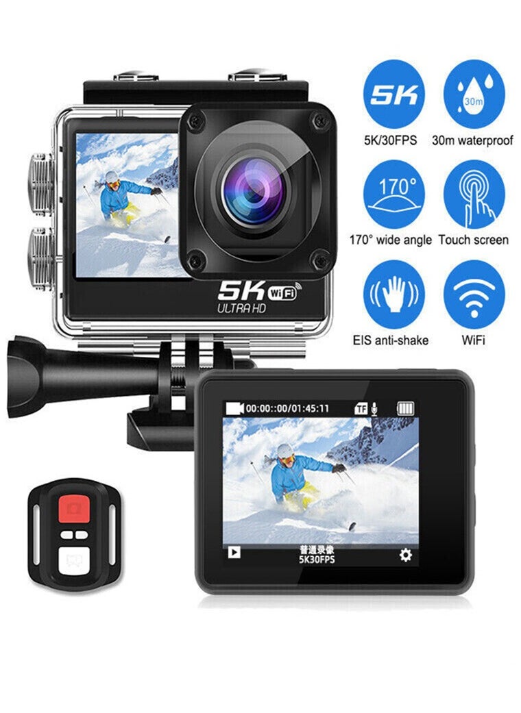 Generic - 5K WiFi Action Camera 170° Wide Angle, Anti-Shake Action Camera Waterproof Remote Control Action Camera with Remote Control and Accessories - Image 1