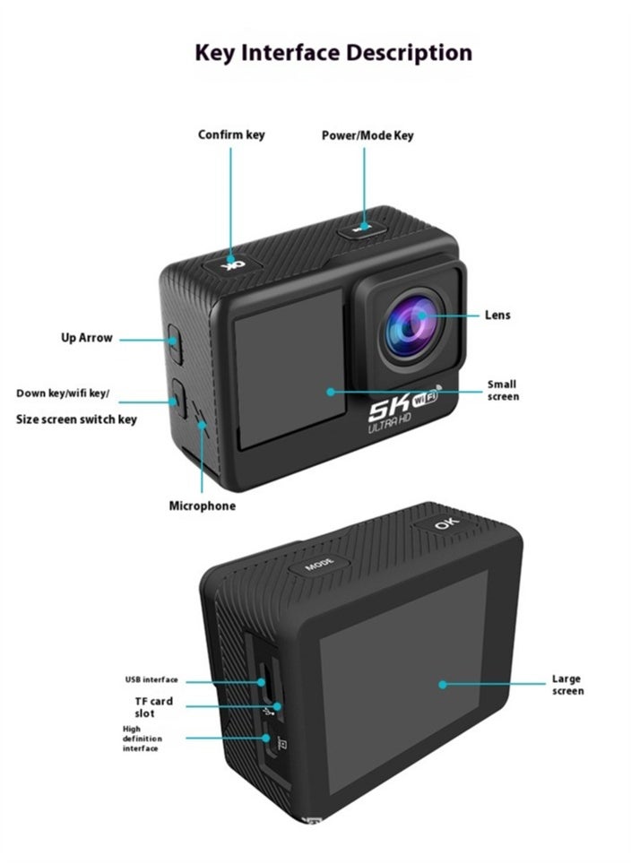Generic - 5K WiFi Action Camera 170° Wide Angle, Anti-Shake Action Camera Waterproof Remote Control Action Camera with Remote Control and Accessories - Image 1