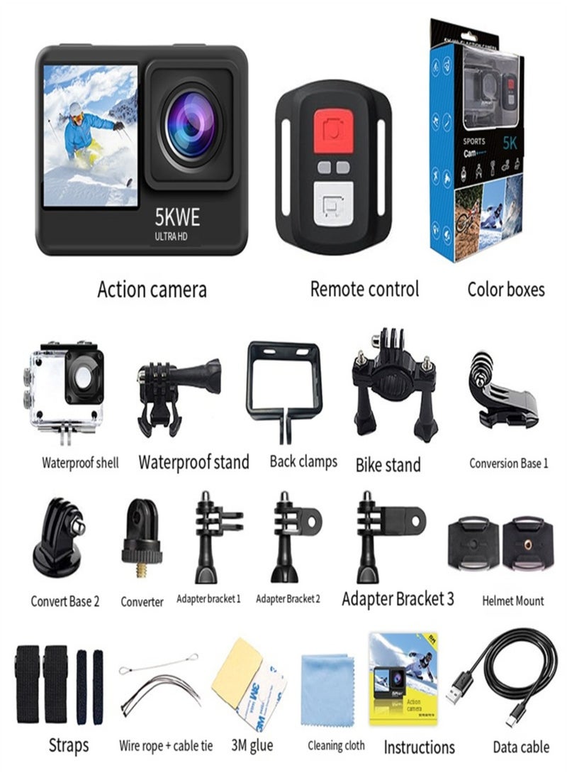 Generic - 5K WiFi Action Camera 170° Wide Angle, Anti-Shake Action Camera Waterproof Remote Control Action Camera with Remote Control and Accessories - Image 1