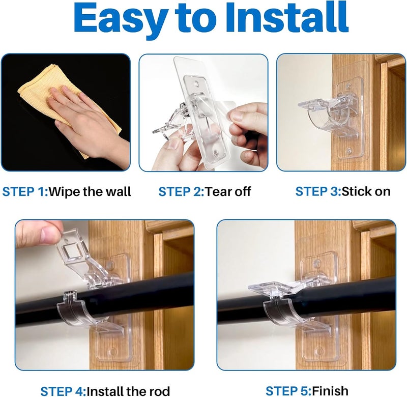 Antimbee 6-Pack No Drill Needed Curtain Rod Holders, Self Adhesive Rod Brackets, Multipurpose Nail-Free Stick on Curtain Rod Hooks Hangers for Dorm, Kitchen, Home, Bathroom, Transparent - Image 4