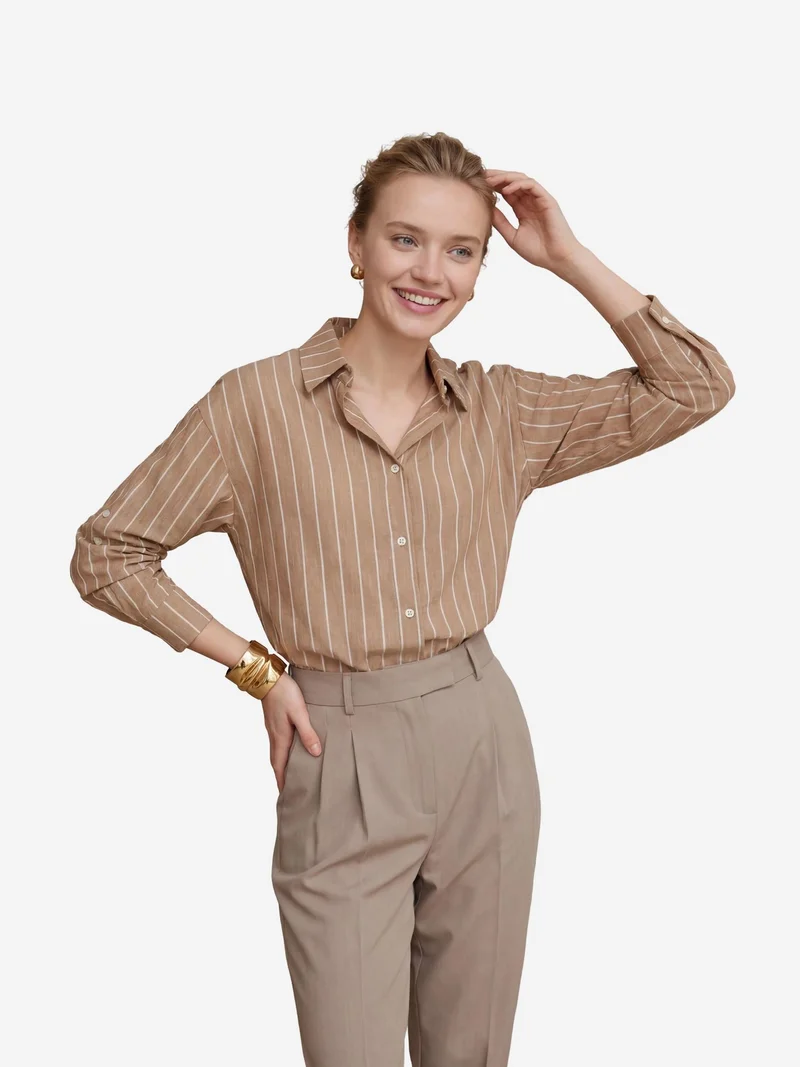 MY FASHION Camel Brown MY FASHION Striped Button-Up Poplin Shirt for Women | Best Price UAE