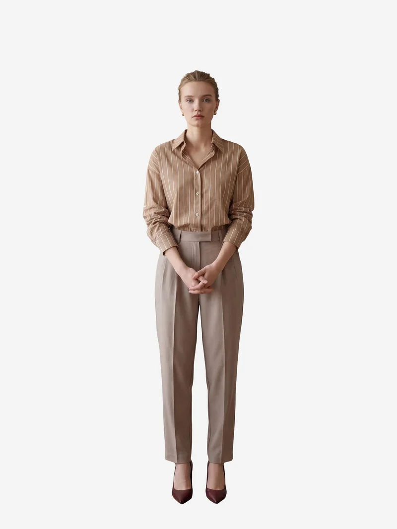 MY FASHION Camel Brown MY FASHION Striped Button-Up Poplin Shirt for Women | Best Price UAE