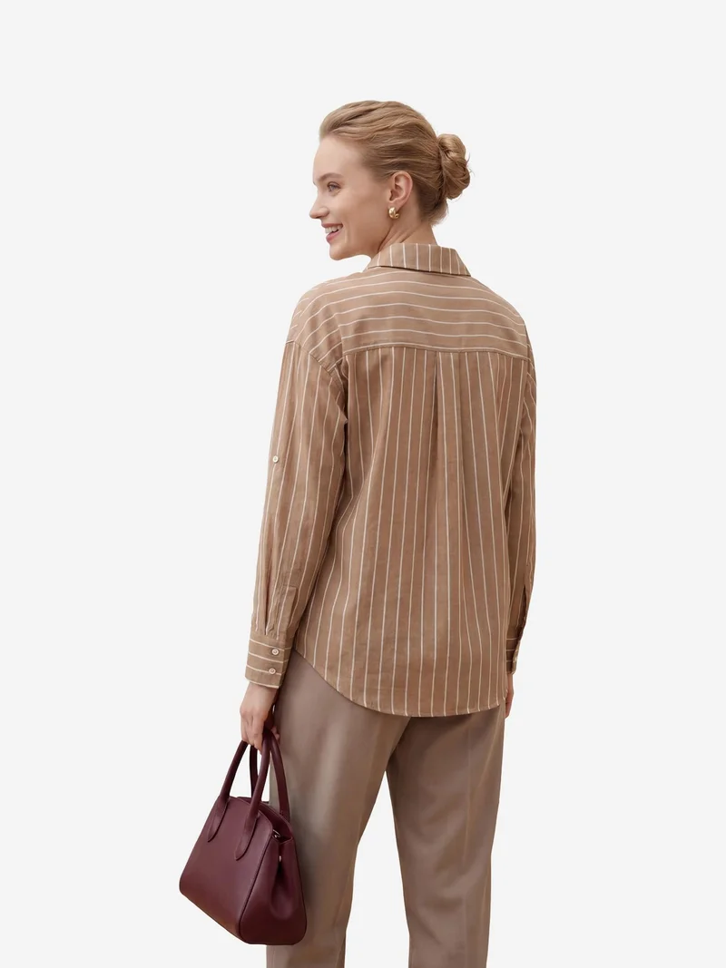 MY FASHION Camel Brown MY FASHION Striped Button-Up Poplin Shirt for Women | Best Price UAE