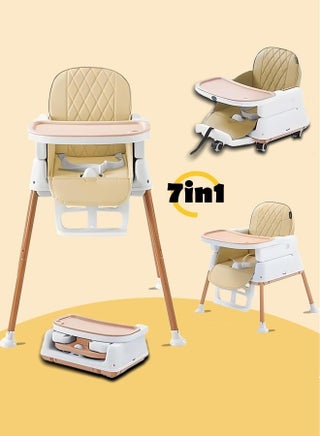 7 in 1 Baby and Infant Dining Chair, Baby High Chair, Foldable Dining Chair, Easy Clean Removable Cushion with Adjustable And Foldable Feet, 5-Point Safety Belt (Beige) - view 3