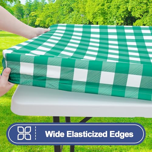 smiry غطاء طاولة نزهة سميري مع أغطية مقاعد، أغطية طاولات مطاطية مقاومة للماء لطاولات مستطيلة بطول 6 أقدام، غطاء طاولة قابل للغسل بنمط مربعات الجاموس للتخييم، في الهواء الطلق (أخضر وأبيض، 30"x72") - Image 2