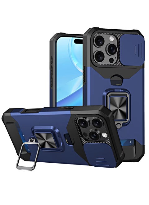 Compatible for iPhone 16 Pro Max Case with [Card Holder] [Slide Camera Cover] [360° Rotate Ring Kickstand] Heavy Duty Protective, Shockproof Bumper Cover-Blue