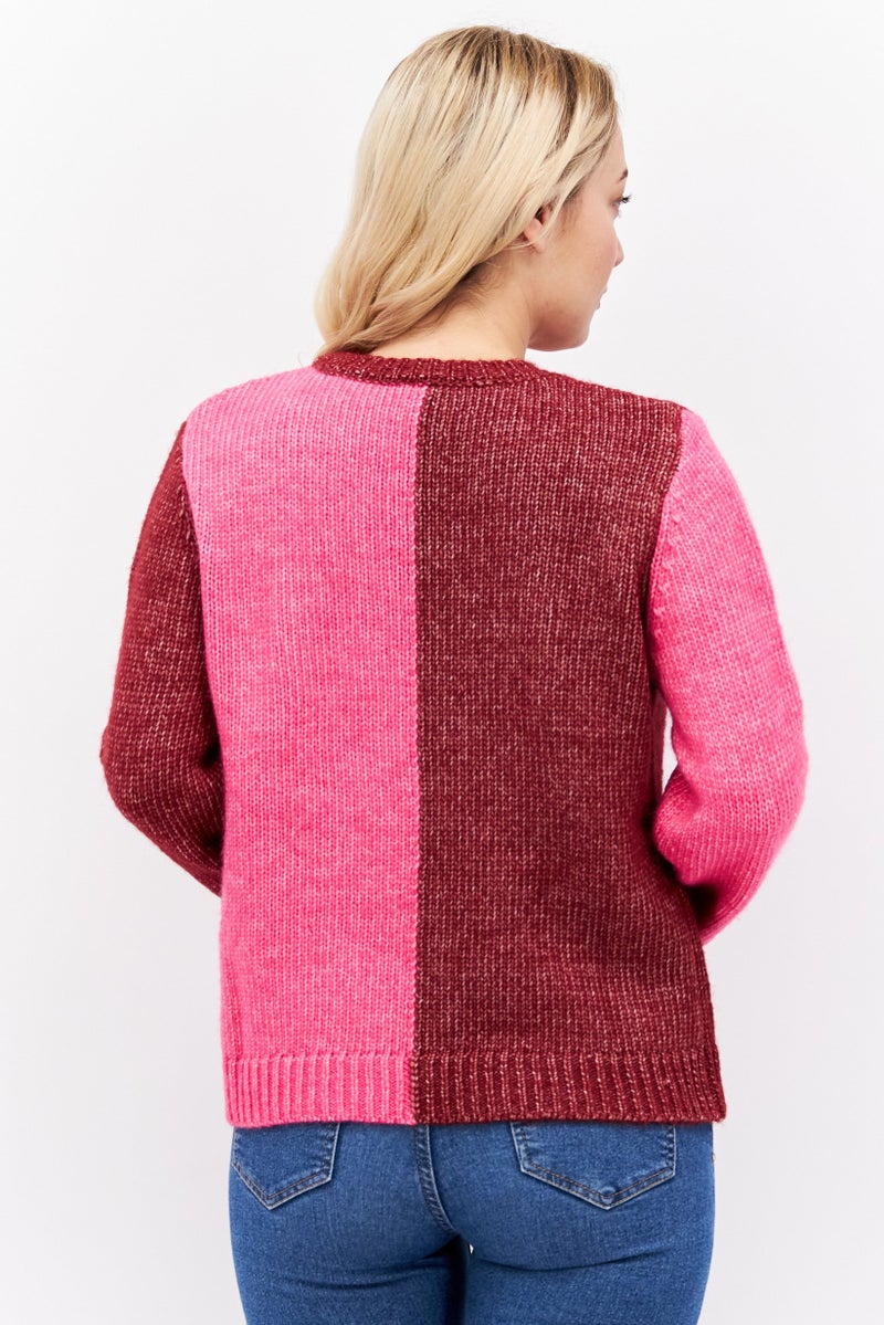 Fire & Glory Women Crew Neck Long Sleeve Two-Tone Sweater, Maroon - Image 3