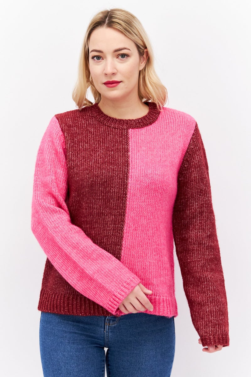 Fire & Glory Women Crew Neck Long Sleeve Two-Tone Sweater, Maroon - Image 1