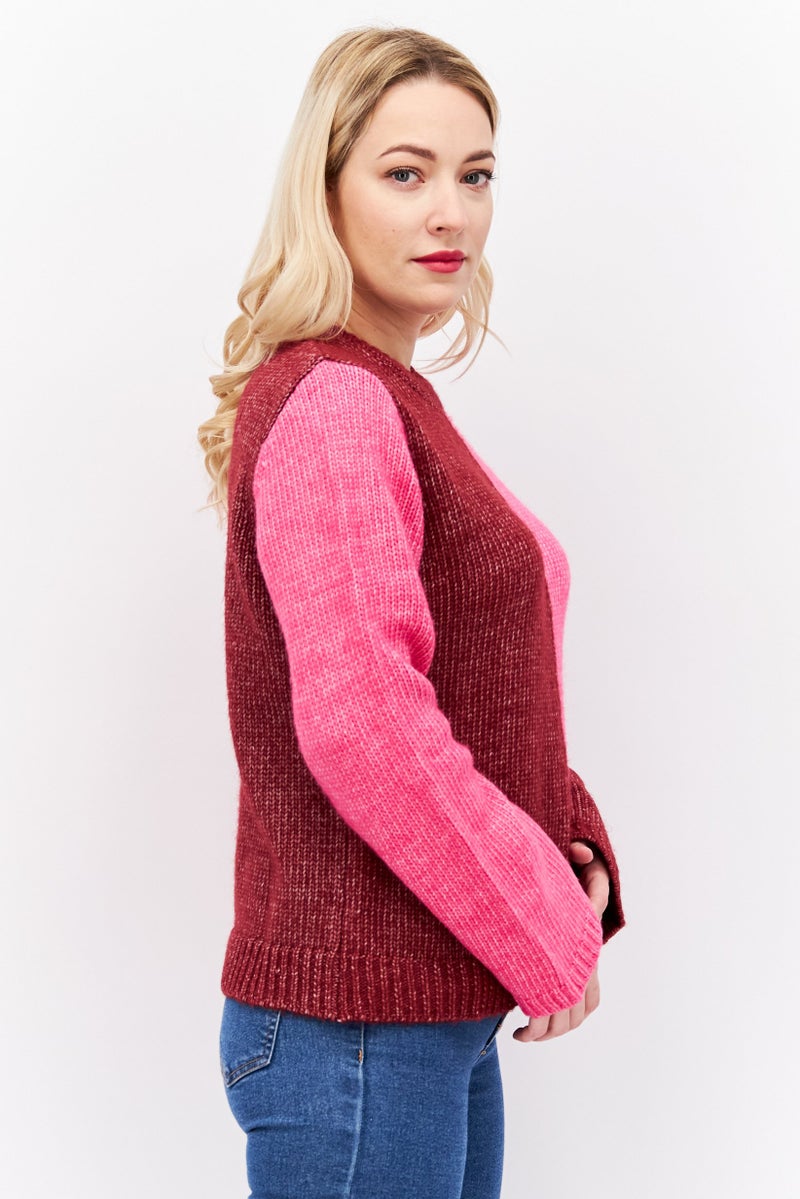 Fire & Glory Women Crew Neck Long Sleeve Two-Tone Sweater, Maroon - Image 2