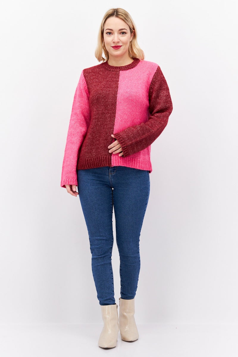 Fire & Glory Women Crew Neck Long Sleeve Two-Tone Sweater, Maroon - Image 2
