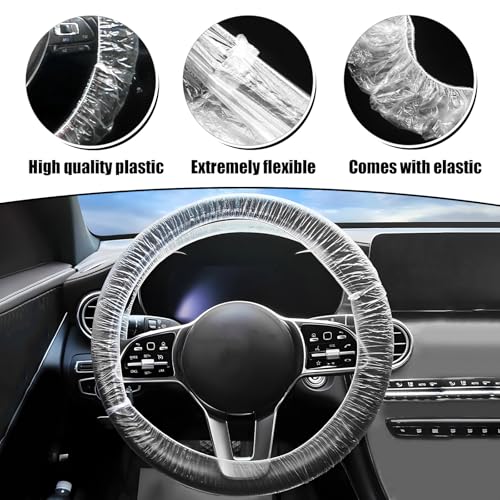 Wogomz 100PCS Disposable Steering Wheel Cover, Plastic Transparent Car Steering Wheel Covers with Elastic Trims, Universal Steering Wheel Protector, Interior Car Accessories - Image 3