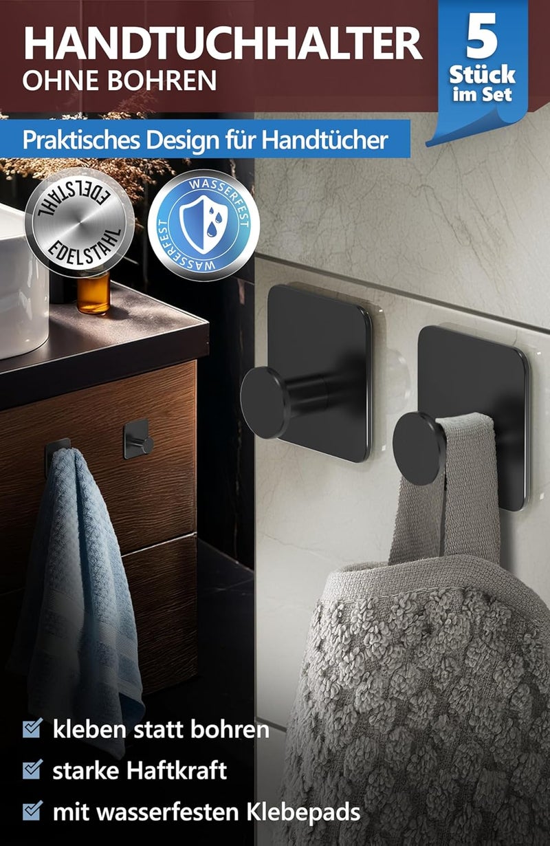 4smile Towel Hook Without Drilling Set of 5 - Towel Hooks Bathroom, Self Adhesive Hooks with Adhesive Pads - Stylish Adhesive Hooks Wall Hooks - Image 2