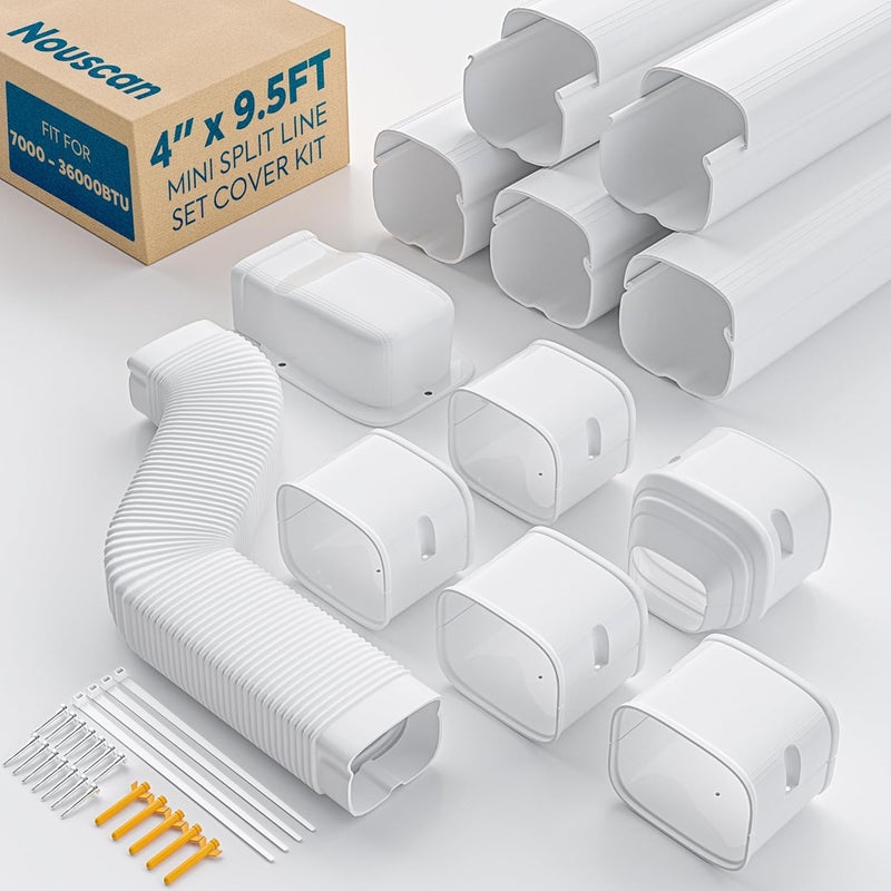 Nouscan 4" 9.5Ft Mini Split Line Set Cover with Flexible Duct, Upgrade PP Decorative Minisplit Lineset Cover Kit, Paintable for Mini Split, Air Conditioner, Central AC, HVAC and Heat Pumps, White - Image 1