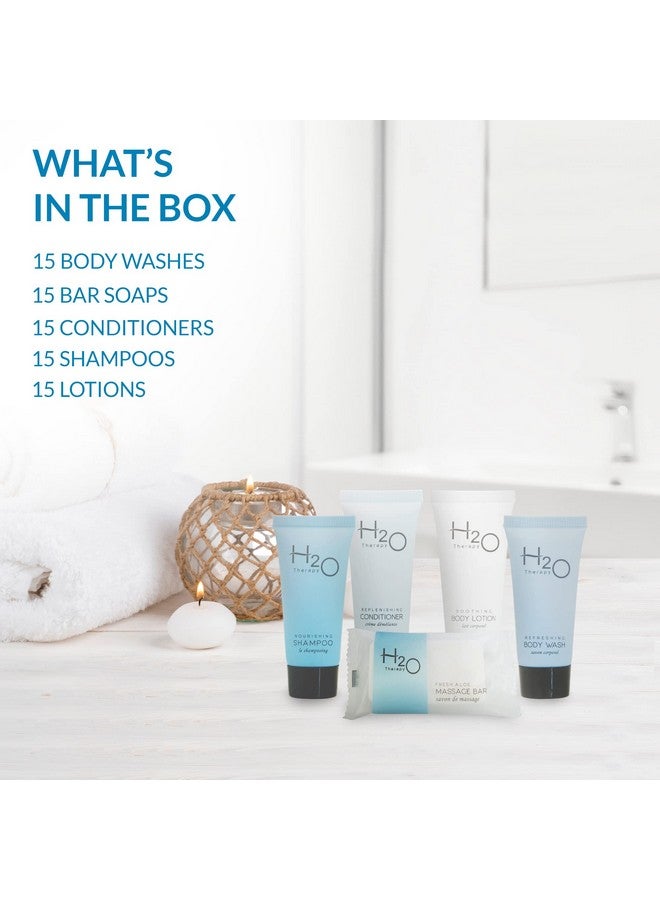 H2O Therapy Hotel Soaps and Toiletries Bulk Set | 1-Shoppe All-In-Kit Amenities for Hotels & Airbnb | .85oz Hotel Shampoo & Conditioner, Body Wash, Body Lotion & 1 oz Bar Soap Travel Size | 75 Pieces - Image 3