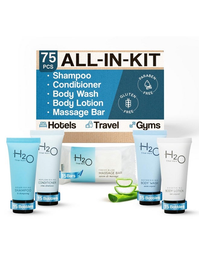 H2O Therapy Hotel Soaps and Toiletries Bulk Set | 1-Shoppe All-In-Kit Amenities for Hotels & Airbnb | .85oz Hotel Shampoo & Conditioner, Body Wash, Body Lotion & 1 oz Bar Soap Travel Size | 75 Pieces - Image 1