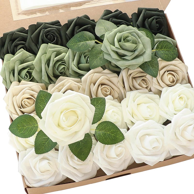 Floroom Artificial Flowers 25pcs Real Looking Emerald Green Ombre Colors Foam Fake Roses with Stems for DIY Wedding Bouquets Bridal Shower Centerpieces Sage Green Floral Arrangements Tables Decoration - Image 2