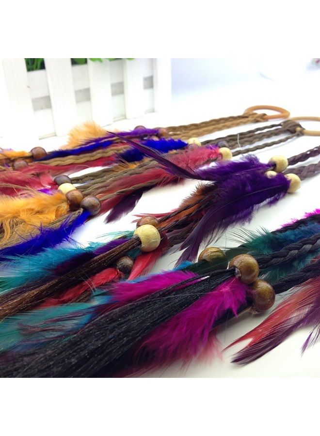 Fodattm 4PCS Women Lady Handmade Boho Hippie Hair Rope Head Wrap Hair Band Headbands Elastics Feather Hair Tie Ponytail Holders Hair Accessories Headdress