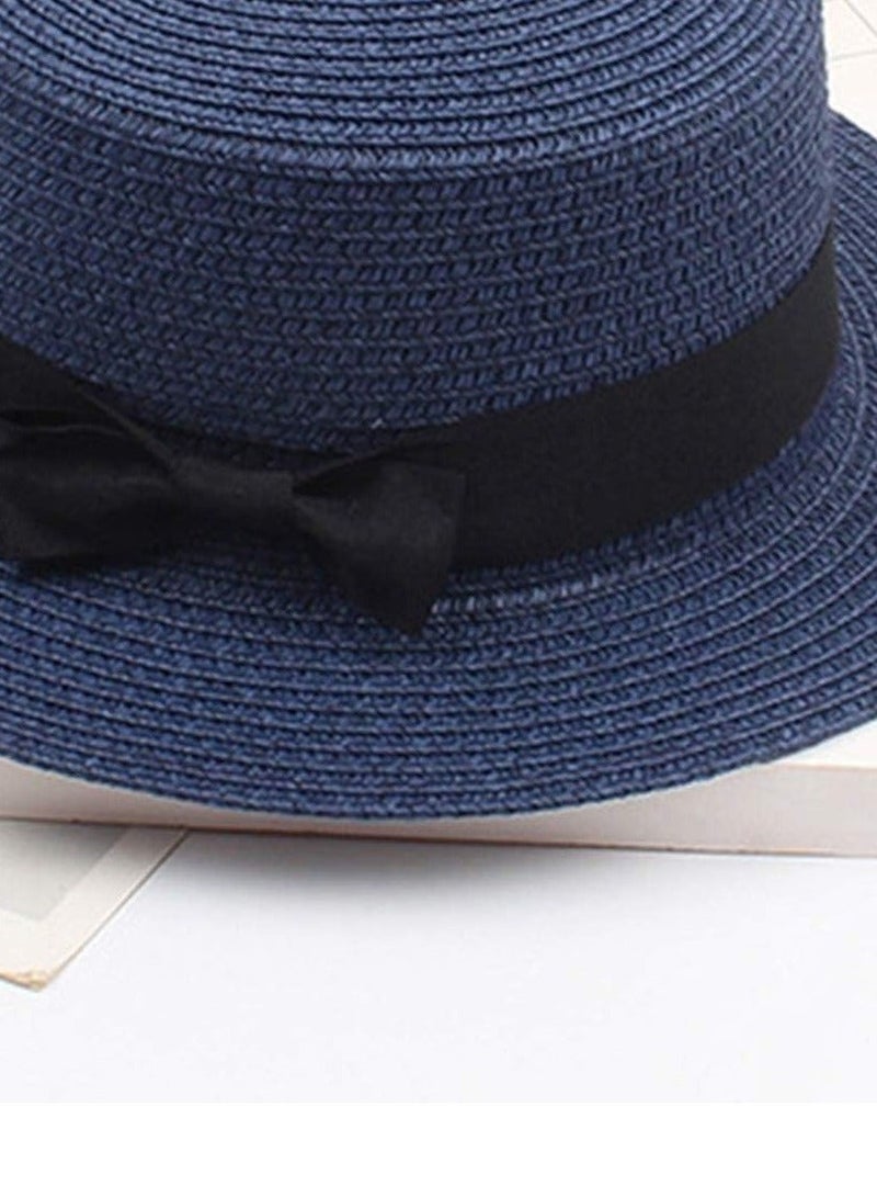 قبعة الشمس من القش للنساء والفتيات، قبعة شاطئ صيفية لطيفة قابلة للطي، حافة واسعة مرنة مع عقدة فيونكة باللون الأزرق الداكن - Image 5