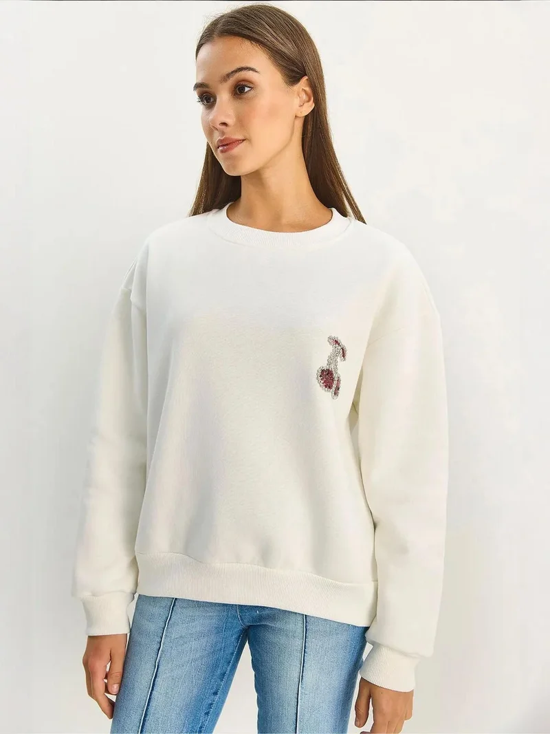 Bianco Lucci White LUCCI Embroidered Crew Neck Sweatshirt for Women | Best Price UAE