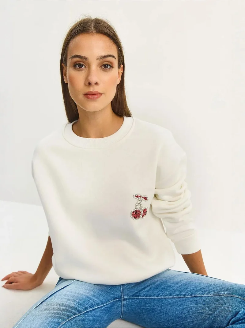 Bianco Lucci White LUCCI Embroidered Crew Neck Sweatshirt for Women | Best Price UAE