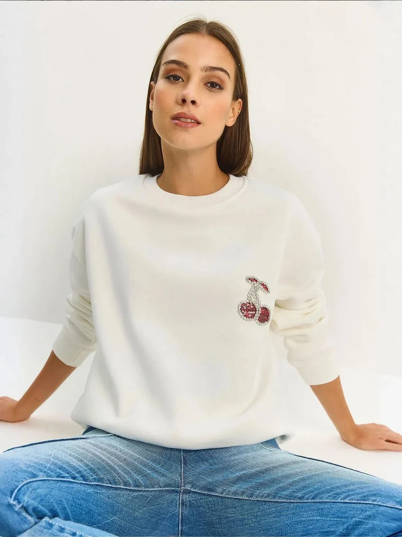 Bianco Lucci White LUCCI Embroidered Crew Neck Sweatshirt for Women | Best Price UAE