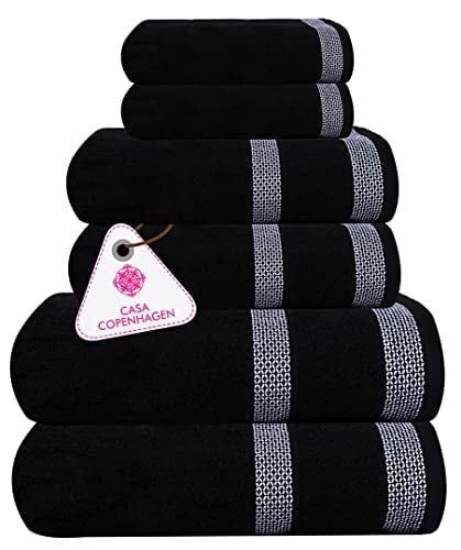 CASA COPENHAGEN CASA COPENHAGEN Solitaire Designed in Denmark 600 GSM Hotel & Spa Decorative Kitchen & Bathroom Egyptian Cotton 6 Piece Towel Set  Includes 2 Bath Towels 2 Hand Towels 2 Washcloths - Jet Black  - Image 1