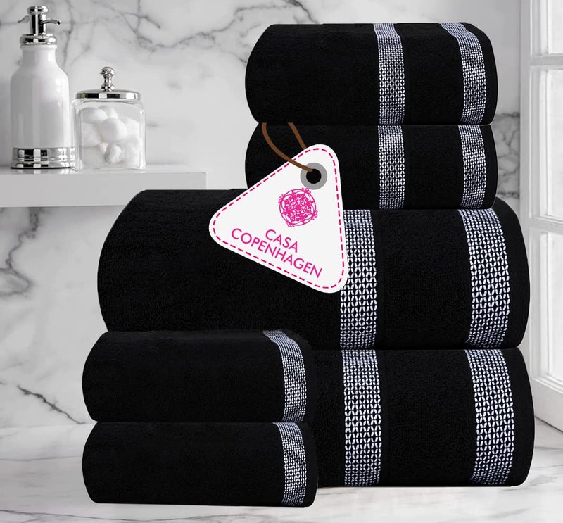 CASA COPENHAGEN CASA COPENHAGEN Solitaire Designed in Denmark 600 GSM Hotel & Spa Decorative Kitchen & Bathroom Egyptian Cotton 6 Piece Towel Set  Includes 2 Bath Towels 2 Hand Towels 2 Washcloths - Jet Black  - Image 2