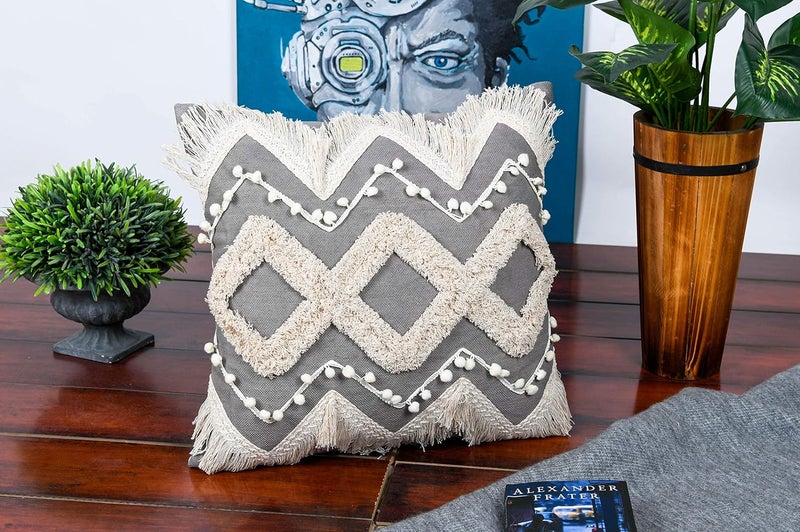 IMPEXART PVT LTD 18 X 18 Inches Cotton Boho Shaggy Square Super Soft Geometric Cushion Cover for Decor Couch Sofa Bedroom Living Room Farmhouse Indoor Outdoor