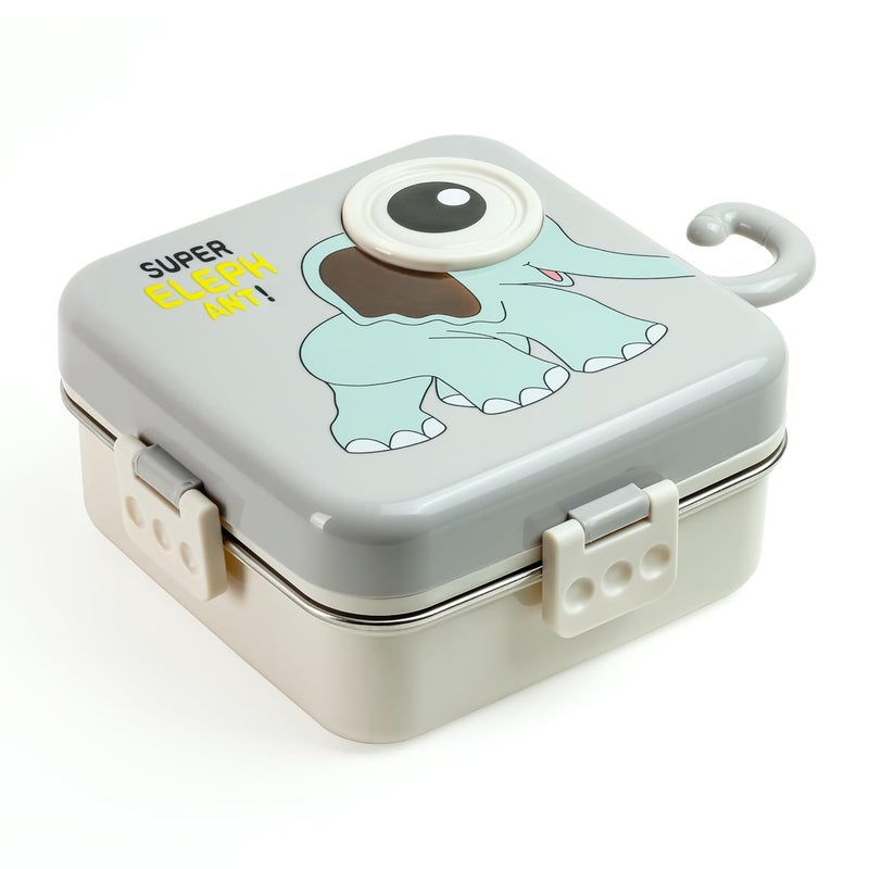 Tec Tavakkal صندوق غداء للأطفال على شكل فيل رمادي – علبة طعام معزولة من الفولاذ المقاوم للصدأ للمدرسة مع ملعقة، خالية من BPA | علبة بنتو مقاومة للتسرب مع صينية وحاوية | 1120 مل + 70 مل (فيل، رمادي) - Image 5