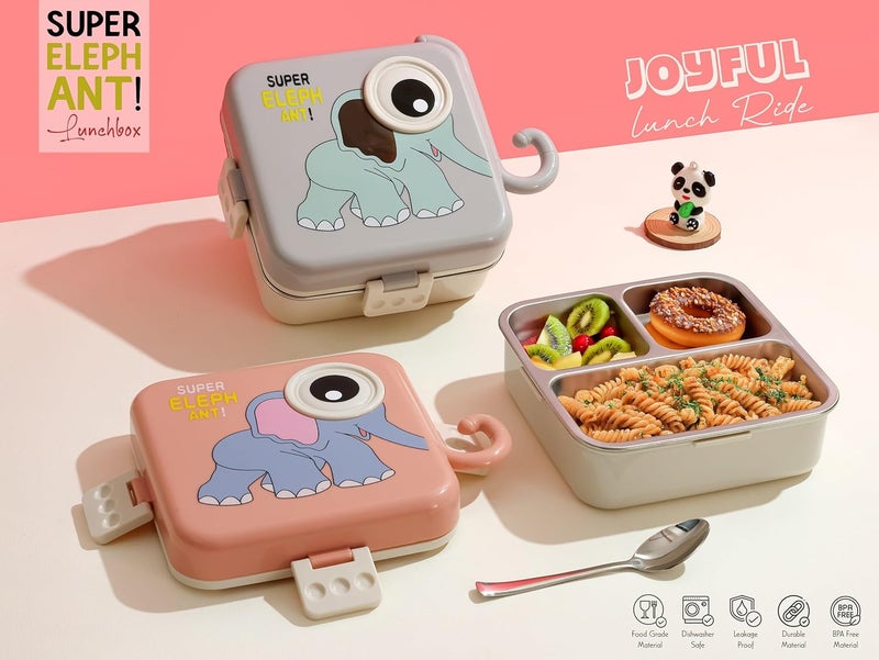 Tec Tavakkal صندوق غداء للأطفال على شكل فيل رمادي – علبة طعام معزولة من الفولاذ المقاوم للصدأ للمدرسة مع ملعقة، خالية من BPA | علبة بنتو مقاومة للتسرب مع صينية وحاوية | 1120 مل + 70 مل (فيل، رمادي) - Image 4