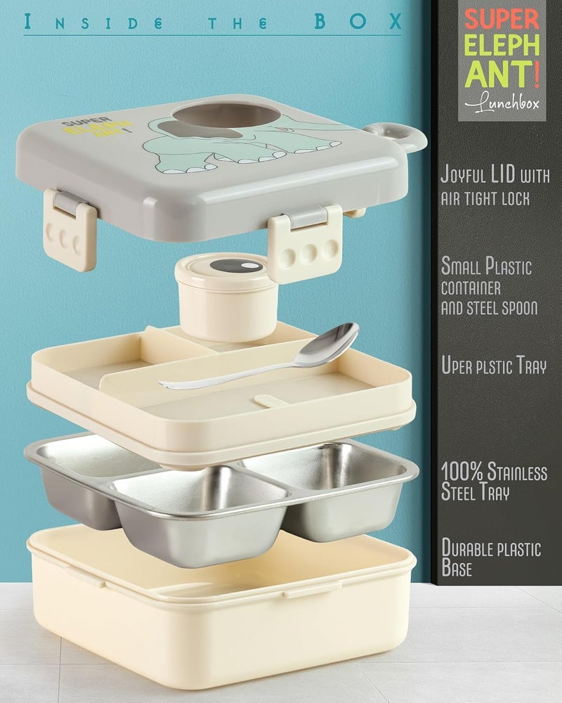 Tec Tavakkal صندوق غداء للأطفال على شكل فيل رمادي – علبة طعام معزولة من الفولاذ المقاوم للصدأ للمدرسة مع ملعقة، خالية من BPA | علبة بنتو مقاومة للتسرب مع صينية وحاوية | 1120 مل + 70 مل (فيل، رمادي) - Image 2